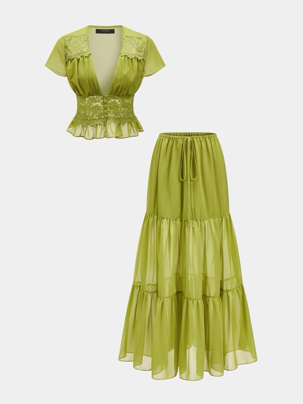 Commense Lace Panel V-Neck Top & Tiered Skirt Set